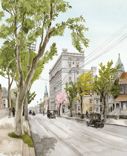 A depiction of Montreal's Sherbrooke Street in 1911. Illustration by Melinda Josie.
