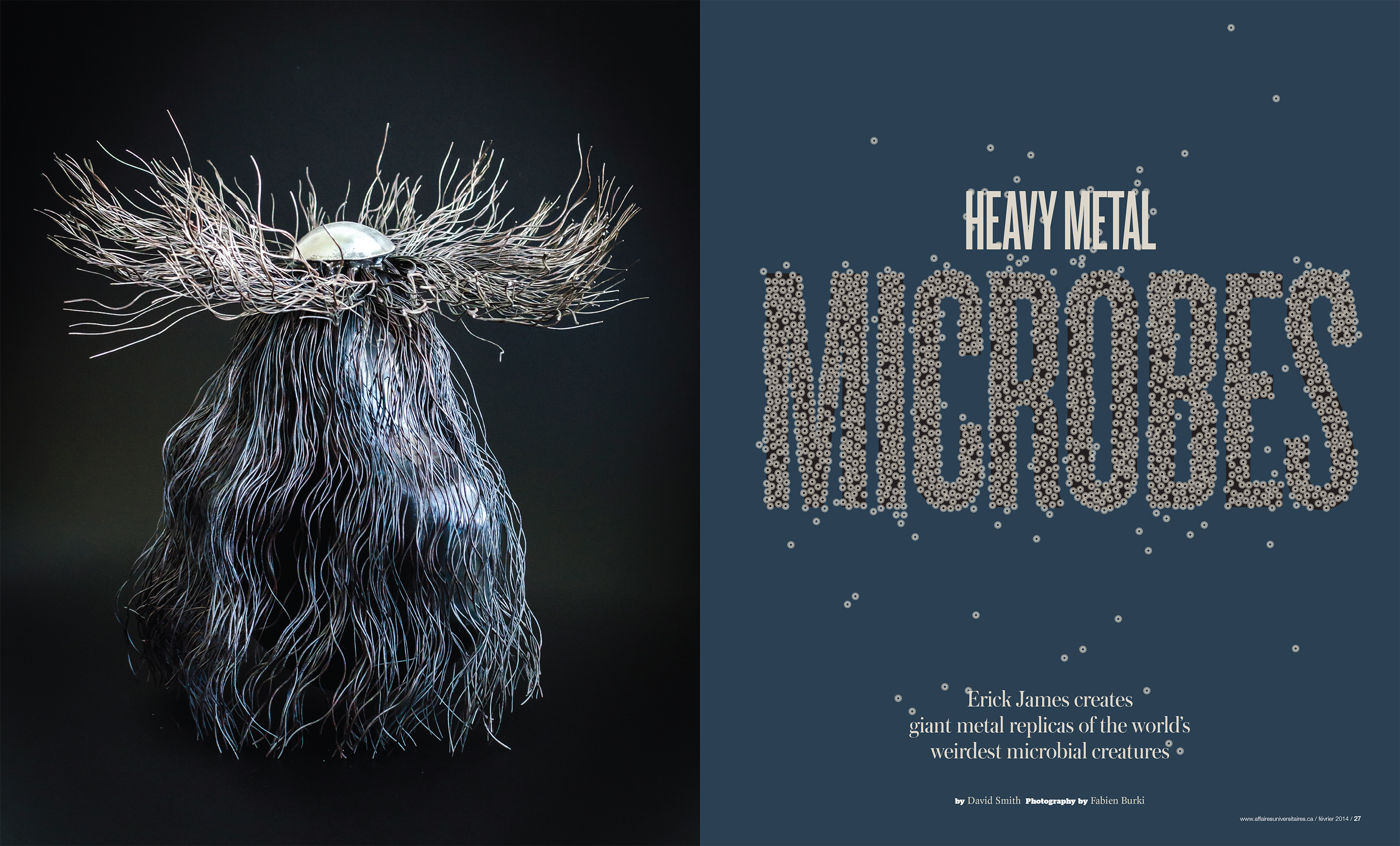 The opening spread for the feature story Heavy Metal Microbes, designed by Underline Studio, won Gold at the 2015 Kenneth R. Wilson Awards for Canadian business media.