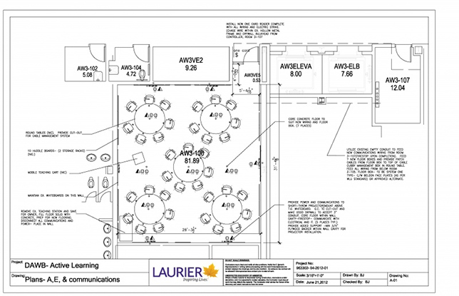 DAWB 3-106 (a.ka. the green room) layout at Wilfrid Laurier University. Photo courtesy of Wilfrid Laurier University.