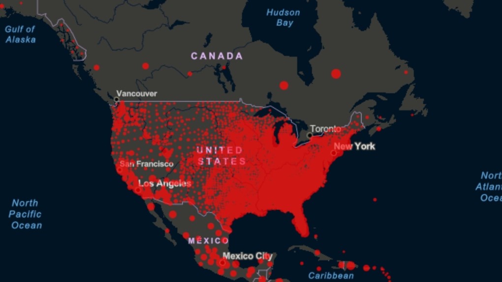 2020-07 COVID Map - Canada and US - Johns Hopkins