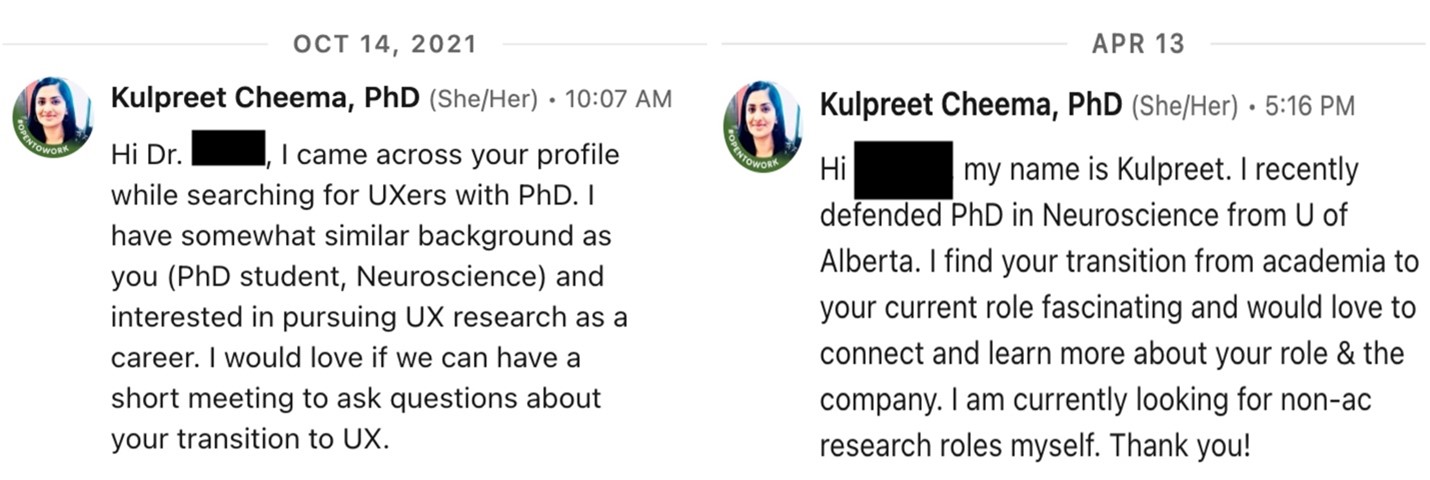 Examples of two connection messages that I sent to connect with professionals on LinkedIn.