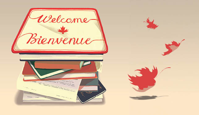 Illustration with bilingual welcome mat on top of a bunch of books.