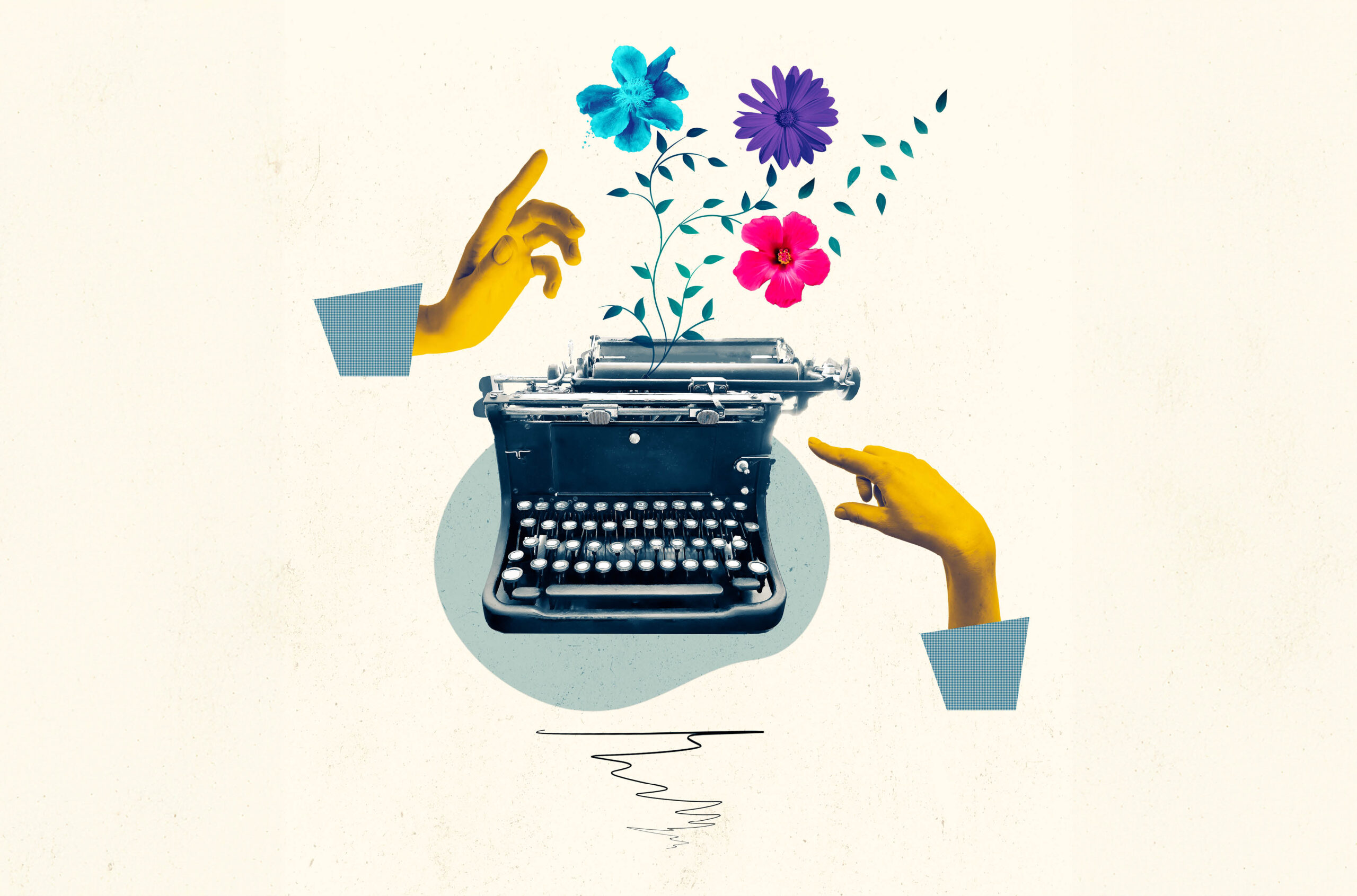 Illustration of a typewriter with hands typing and colorful flowers