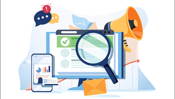 Search result optimization SEO marketing analytics flat vector banner with icons